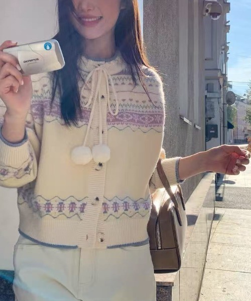 AsRiRe カーディガン 25aw ノルディック柄ポンポン付きニット