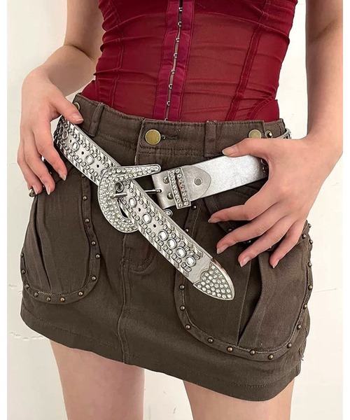 FUNdaysion ベルト ラインストーンスタッズベルト レディース