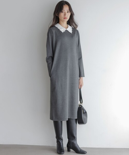 組曲（KUMIKYOKU） ワンピース レースライク襟付きニットワンピース