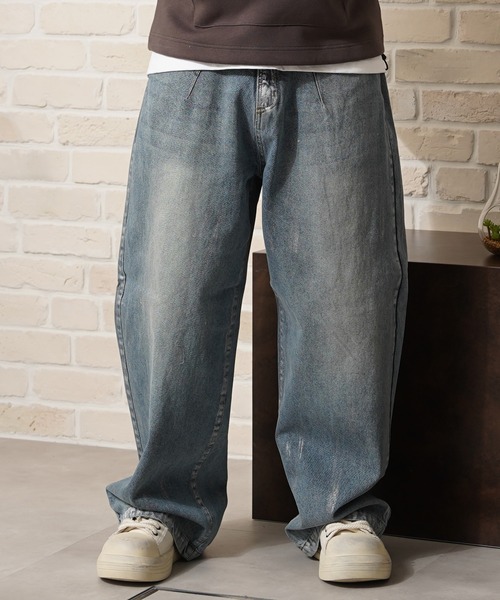 ジーンズ シルバーペイント バレルレッグ デニム バギーパンツ