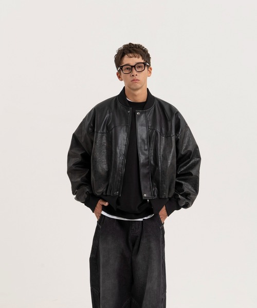 Nanmo. ブルゾン アウター オーバーサイズ切り替えフェイクレザーMA-1