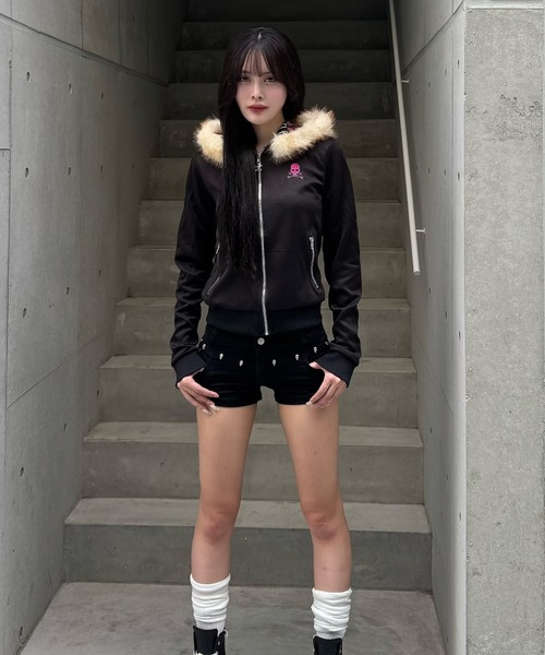 ZIPPER CLUB パーカー pinkie skull fur zip レディース メンズ