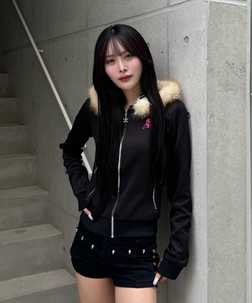 ZIPPER CLUB パーカー pinkie skull fur zip レディース メンズ