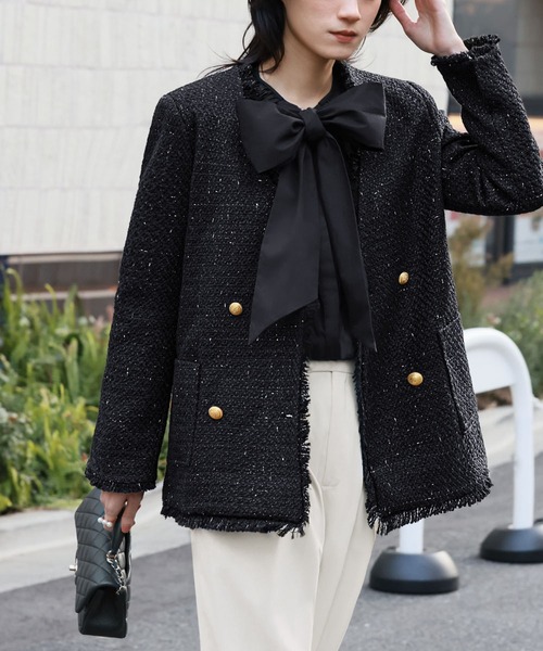 ELFRANK ジャケット ノーカラージャケット ツイードフリンジノーカラー