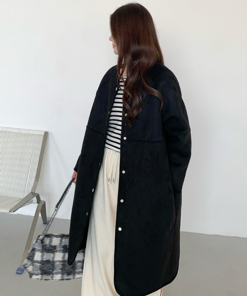 ノーカラーコート コート 2WAYリバーシブルノーカラーロングコート
