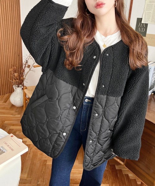 moment+ ジャケット ノーカラージャケット ボア切り替えキルティング