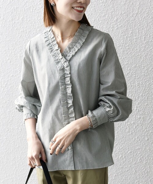 SHIPS any ブラウス シャツ any:「手洗い可能」ストライプ フリル V