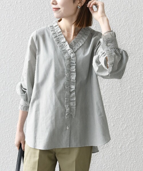 SHIPS any ブラウス シャツ any:「手洗い可能」ストライプ フリル V