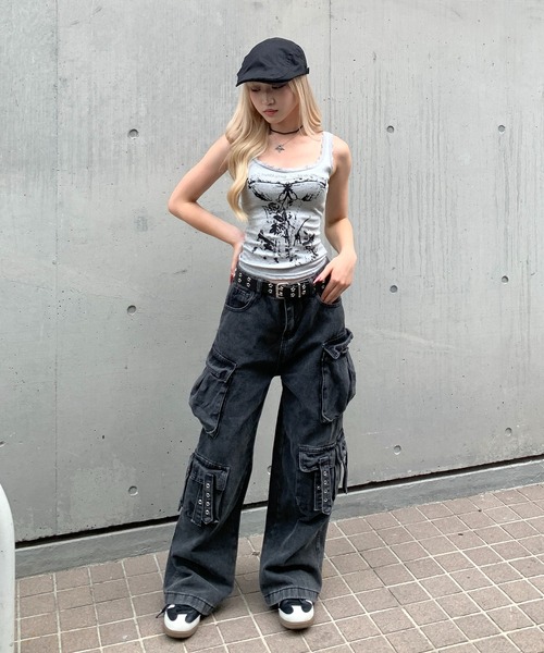 lilful カーゴパンツ ベルト付き Y2K ストリート ウォッシュドワイド