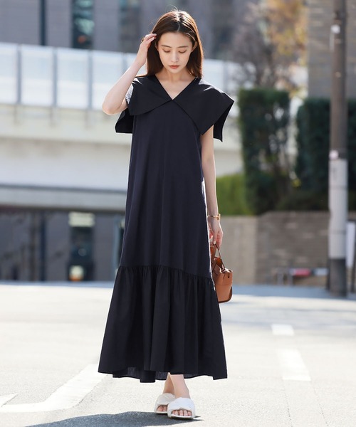 ELFRANK ワンピース セーラーカラー異素材ドッキングロングワンピース