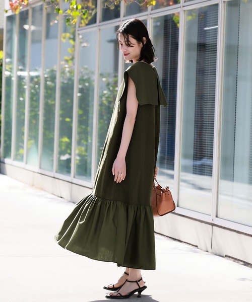 ELFRANK ワンピース セーラーカラー異素材ドッキングロングワンピース