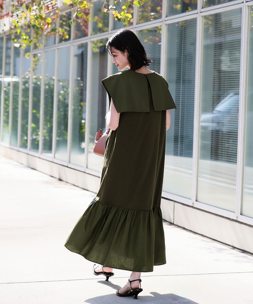 ELFRANK ワンピース セーラーカラー異素材ドッキングロングワンピース