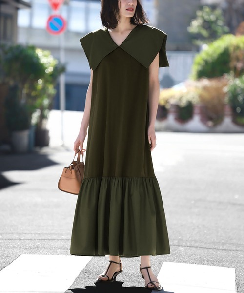 ELFRANK ワンピース セーラーカラー異素材ドッキングロングワンピース