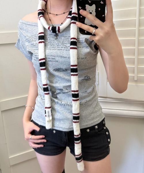 マフラー ストール Y2Kパネル細ボーダーマフラー レディース