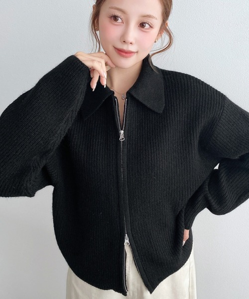 moment+ カーディガン ダブルジップえり付きざっくりニット