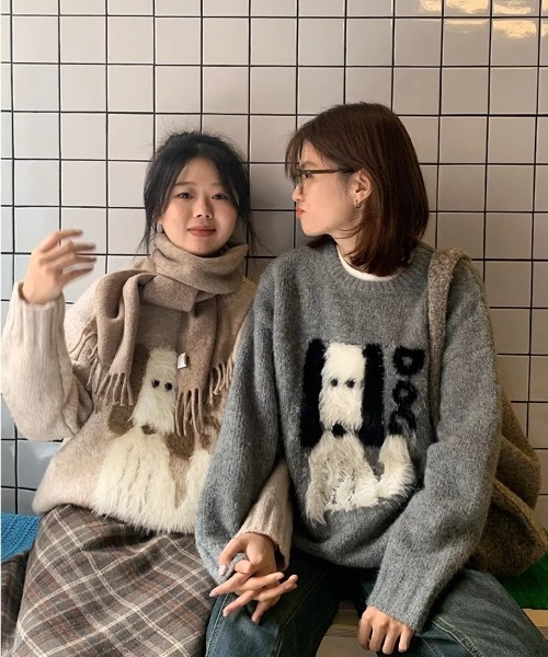 DIAVEL ニット セーター DOG柄ジャカードニットプルオーバー