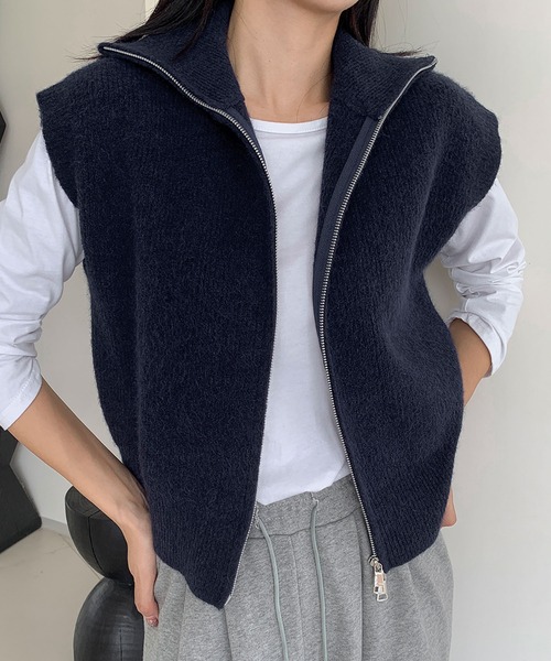 LOWO ベスト ジレ ダブルジップ ハイネック ニット ベスト トップス