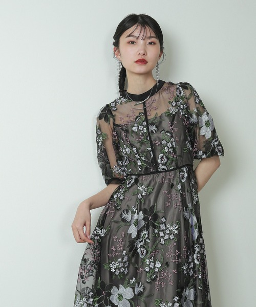 Kana ドレス シック フラワー刺繍 パーティー ドレス 結婚式 お呼ばれ