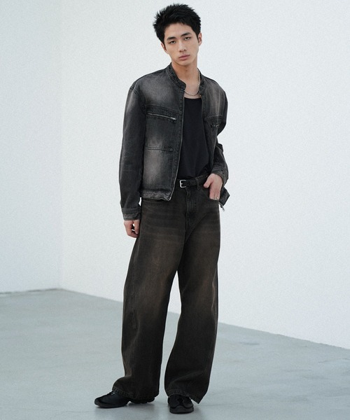 WYM LIDNM デニムジャケット gジャン VINTAGE WASHED DENIM ZIP MOTO