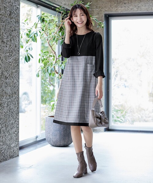 Tiaclasse ワンピース チェックコンビエンパイアワンピース : ZOZOTOWN