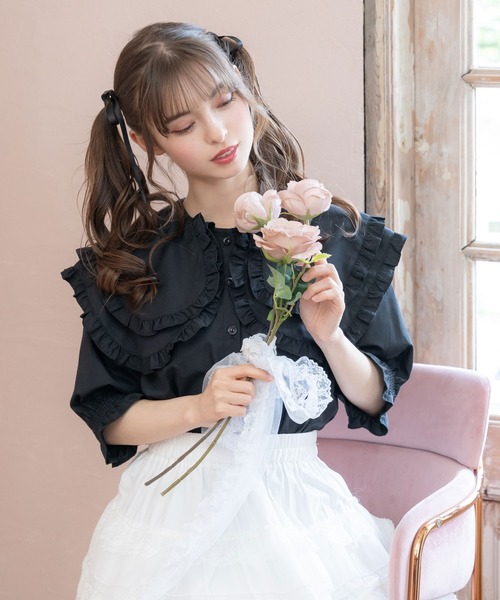 Drawer ブラックシースルーブラウス フリル付き Drawer ブラック