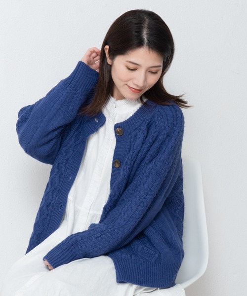 LOSUCA カーディガン ウール混ケーブルニットカーディガン レディース