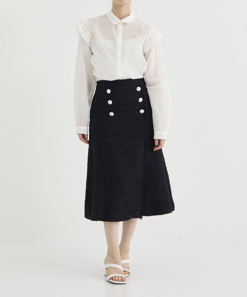 ボーダーズアットバルコニー 黒 フラワージャガードパフスリーブ T