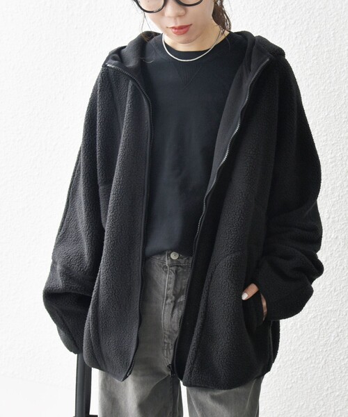 SHIPS any パーカー any:「洗濯機可能」ボア フリース フード ブルゾン