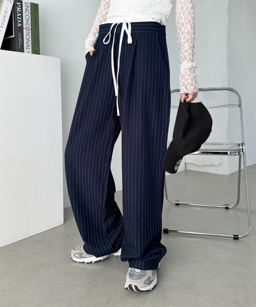 CLEA パンツ レイヤードデザインピンストライプパンツ レディース