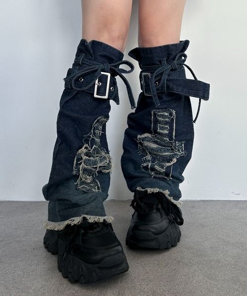 lilful レッグウォーマー Y2K バックル付き デニムレッグウォーマー