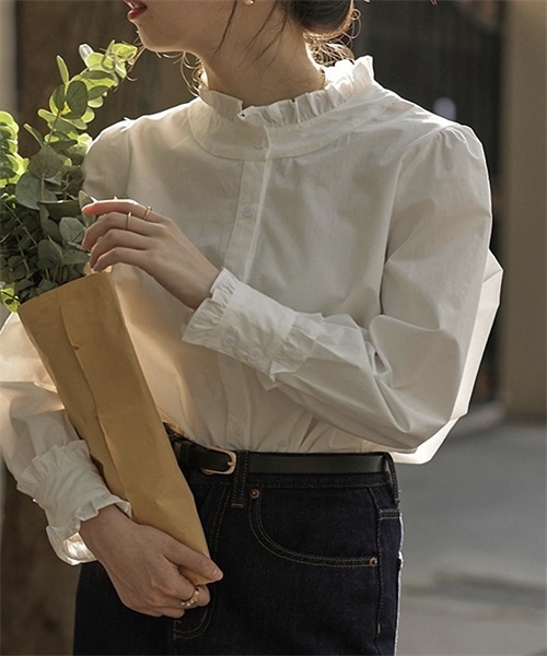 FREE STYLISTS ブラウス シャツ 長袖フリル襟ブラウス レディース