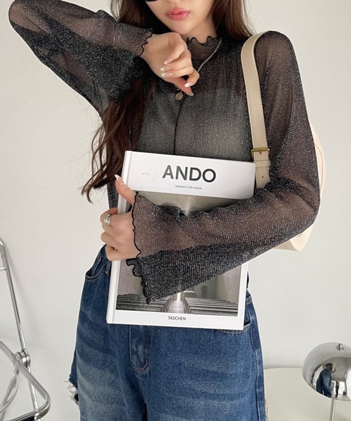 Ada. tシャツ ラメチュール ロングスリーブ ハイネック シアートップス