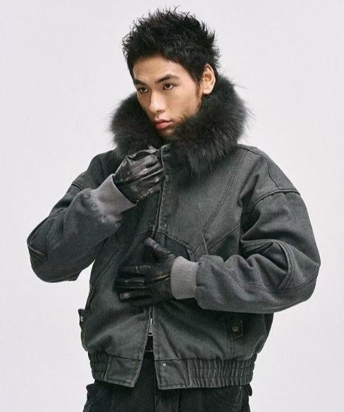 FreeZone ブルゾン アウター フェイクファーフード付きデニムライク