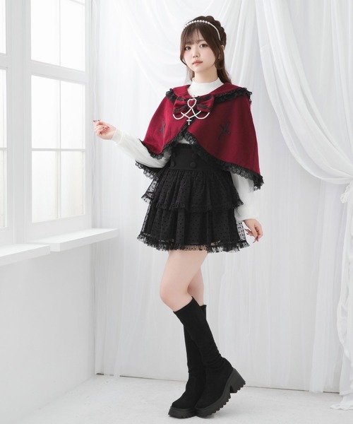 DearMyLove コート アウター 十字架バラレースフリルパールケープ