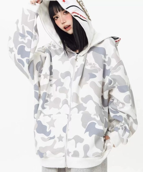 GEMEDA パーカー シャークデザイン カモフラ柄 ジップアップパーカー