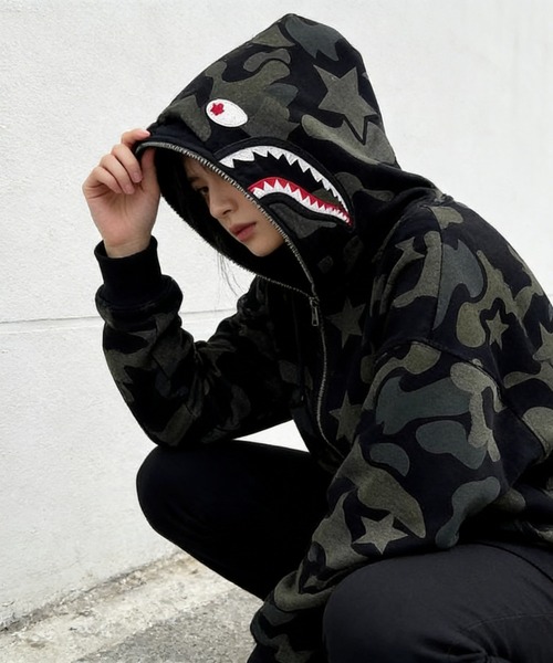 GEMEDA パーカー シャークデザイン カモフラ柄 ジップアップパーカー