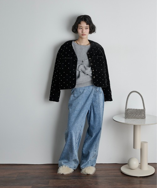 THE Yon ジャケット ノーカラージャケット ビジューベロアジャケット