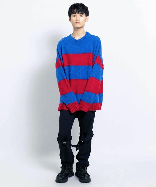 ミルクボーイ ボーダー 柄ニット モヘア風 ウール90% 原宿系 ユニ