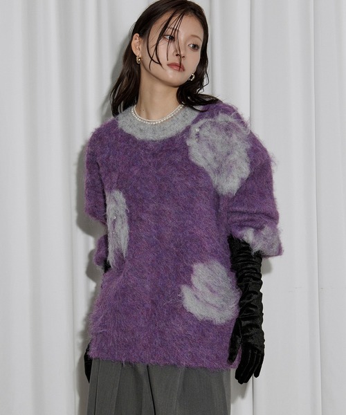 Ezick ニット セーター rose mix shaggy knit スタッズツキフラワー