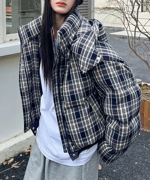 ダウンコート ダウンジャケット フード付きチェック柄ダウンジャケット