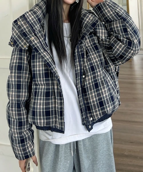 ダウンコート ダウンジャケット フード付きチェック柄ダウンジャケット