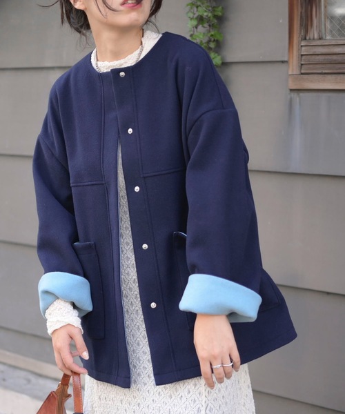 ＆HALF ノーカラーコート コート バイカラーニットノーカラーコート