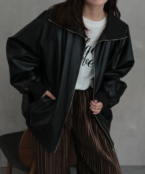 ap retro ブルゾン アウター フェイクレザー襟リブ・リブタートル