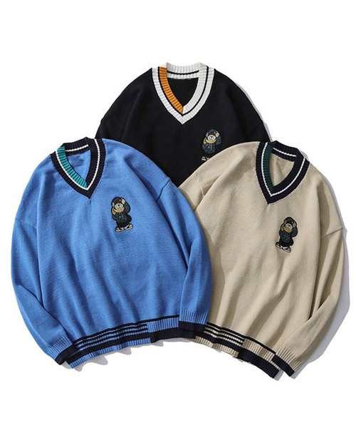 セーター ニット 「HOOK」クマ刺繍ワッペン vネック薄手ニット