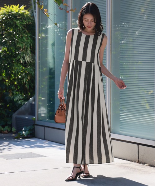 ELFRANK ワンピース ストライプノースリーブロングワンピース
