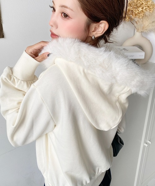 moment+ パーカー ファーフードダブルジップショートパーカー