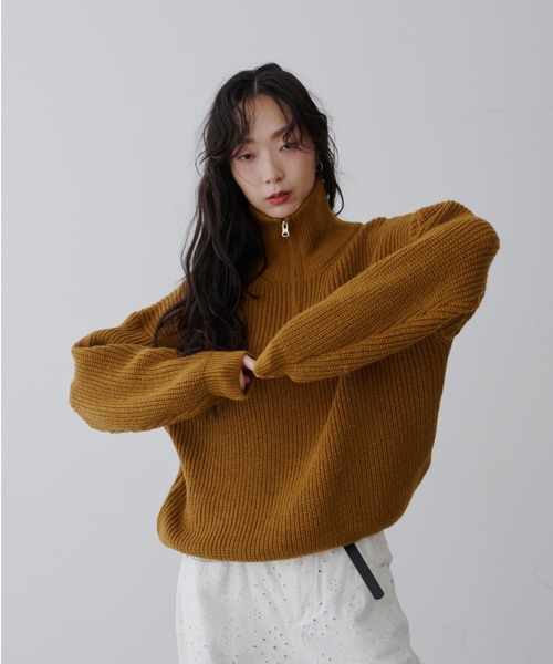 NUJOH ニット セーター Half-Zip Ribbed Knit Pullover /ハーフジップ