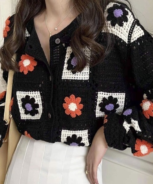 ニット セーター 花柄 クロシェ編み カーディガン レディース