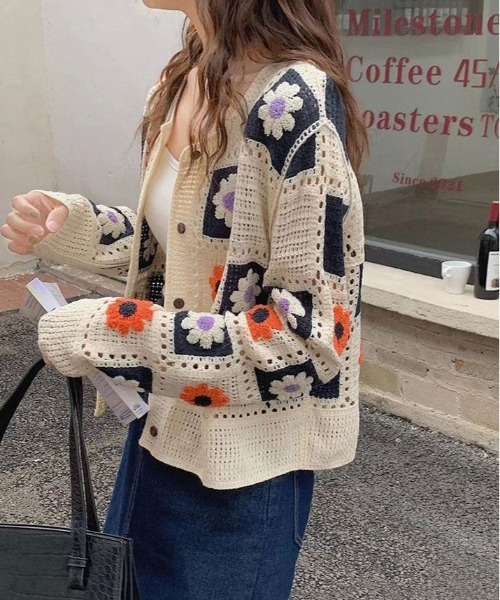 ニット セーター 花柄 クロシェ編み カーディガン レディース