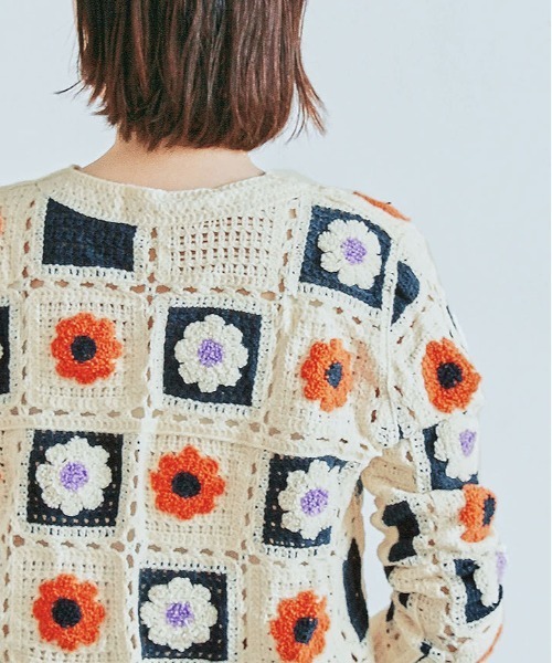 ニット セーター 花柄 クロシェ編み カーディガン レディース